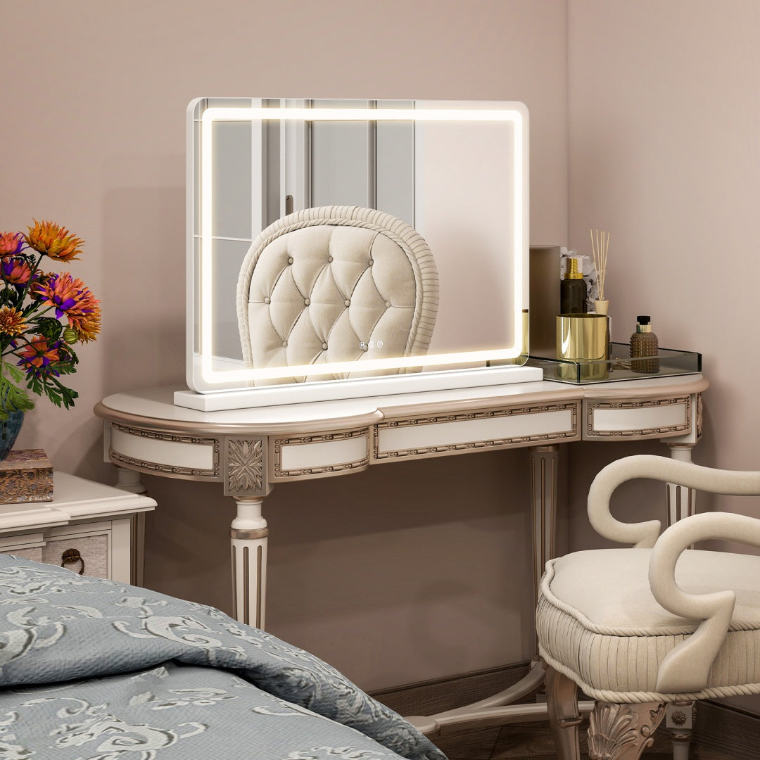 Vanity Mirror With Lights, LED Makeup Mirror With Dimmable 3 Color Modes, Touch Screen Control Vanity Based Mirror Desk Mirror Square White