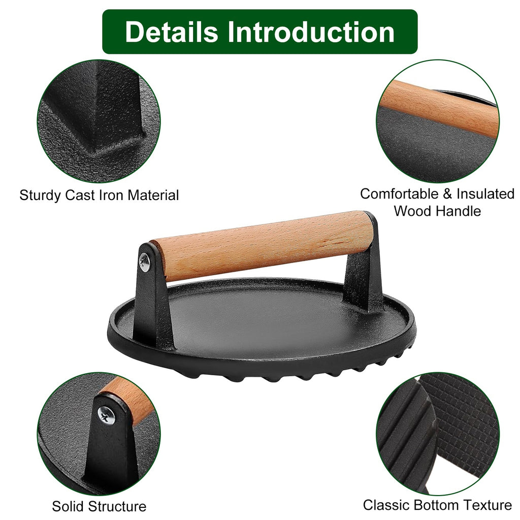 2Pcs Cast Iron Grill-1Pc Rectangular & 1Pc Round Press Pre-Seasoned Steak Weights Smash Burger Press Bacon Meat Smasher With Wood Handle 7in Round & 8.2x4.25in Rectangular Grill Press