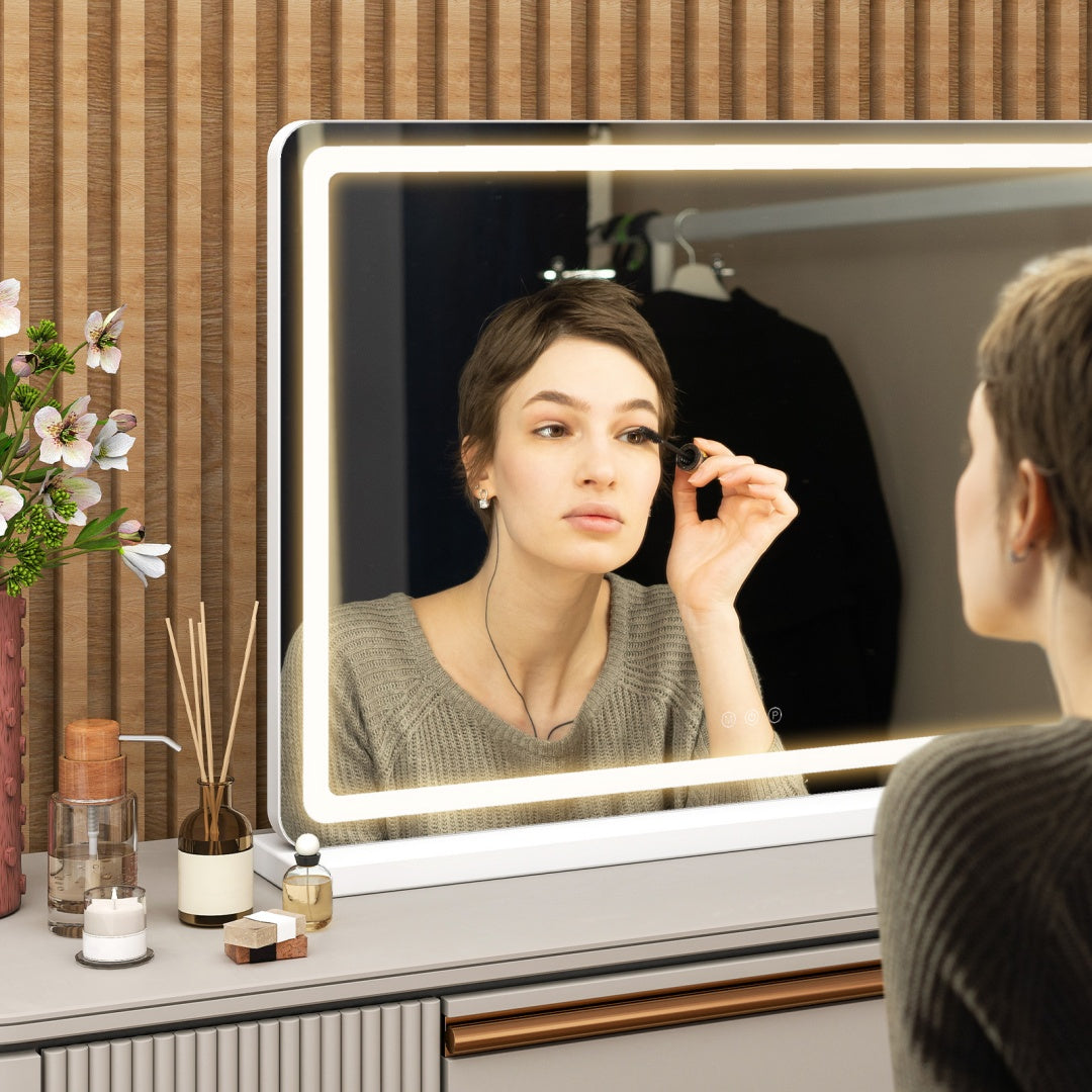 Vanity Mirror With Lights, LED Makeup Mirror With Dimmable 3 Color Modes, Touch Screen Control Vanity Based Mirror Desk Mirror Square White