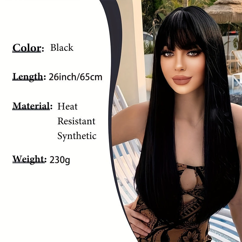 Stylish Synthetic Wig With Straight Hair, Non-toxic Wig, 26-inch Heat-resistant Long Black Hair, Bangs And Rose Net Hat, Suitable For The Whole Scene.