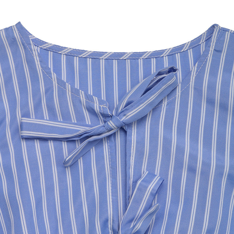 Women's Striped Tie Front Puff Sleeve Summer Casual Mini Dresses Loose Flowy Sundress