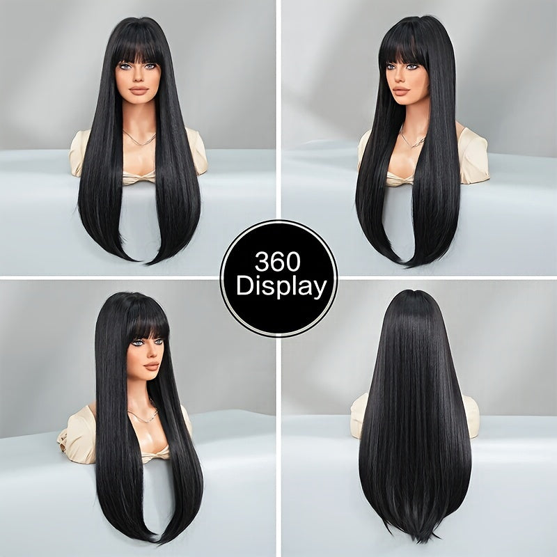Stylish Synthetic Wig With Straight Hair, Non-toxic Wig, 26-inch Heat-resistant Long Black Hair, Bangs And Rose Net Hat, Suitable For The Whole Scene.