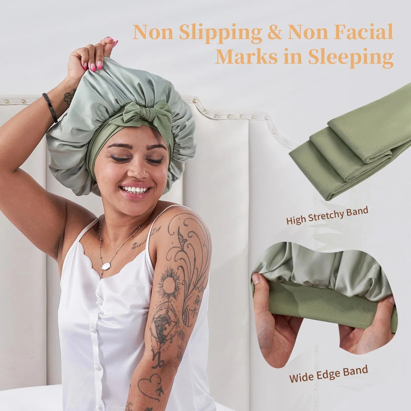 Silk Bonnet For Sleeping Women, Satin Hair Bonnet For Sleeping For Wavy Curly Natural Hair Women Men - Green