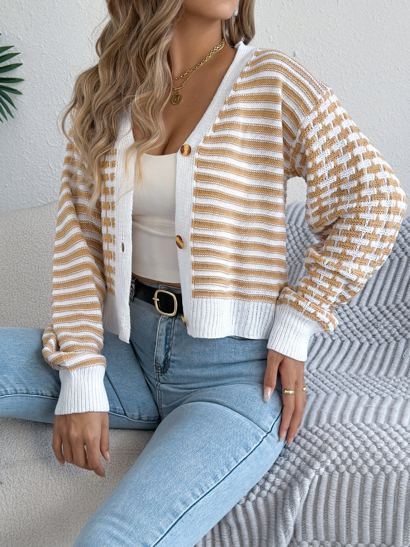 Autumn And Winter Color-blocked Striped Lantern Long Sleeve Cardigan Short Coat Sweater