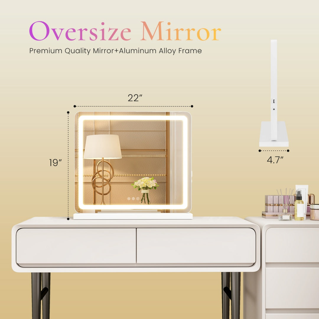 Vanity Mirror With Lights, LED Makeup Mirror With Dimmable 3 Color Modes, Touch Screen Control Vanity Based Mirror Desk Mirror Square White
