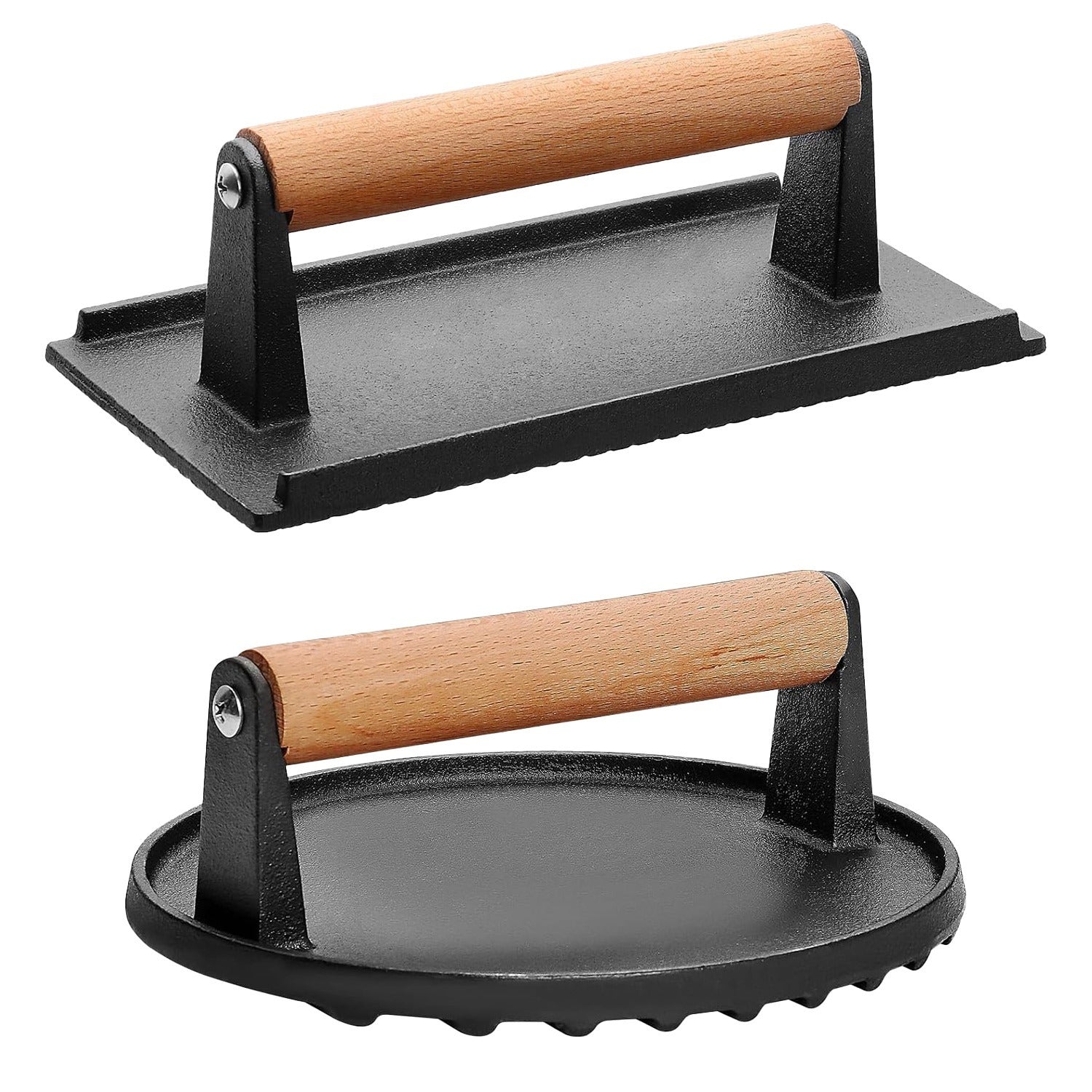 2Pcs Cast Iron Grill-1Pc Rectangular & 1Pc Round Press Pre-Seasoned Steak Weights Smash Burger Press Bacon Meat Smasher With Wood Handle 7in Round & 8.2x4.25in Rectangular Grill Press