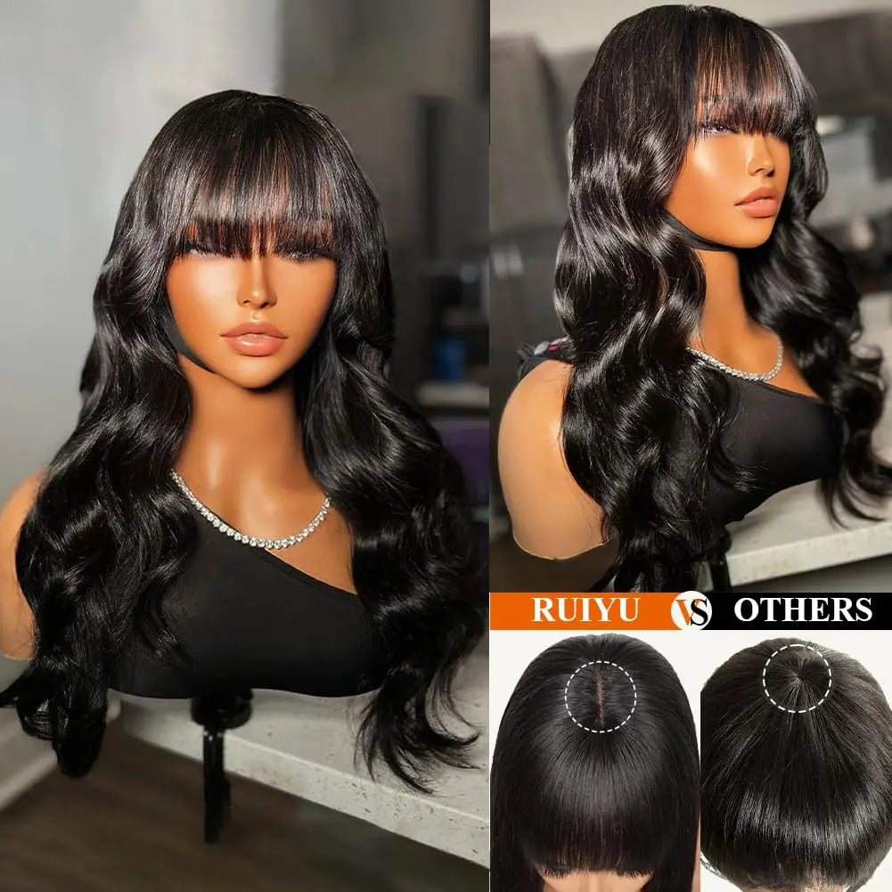 HAIRTIME 30 Inche Body Wave With Bangs Human Hair Wigs Full Machine Made Human Hair Wigs For Women Natural Color 180% Density