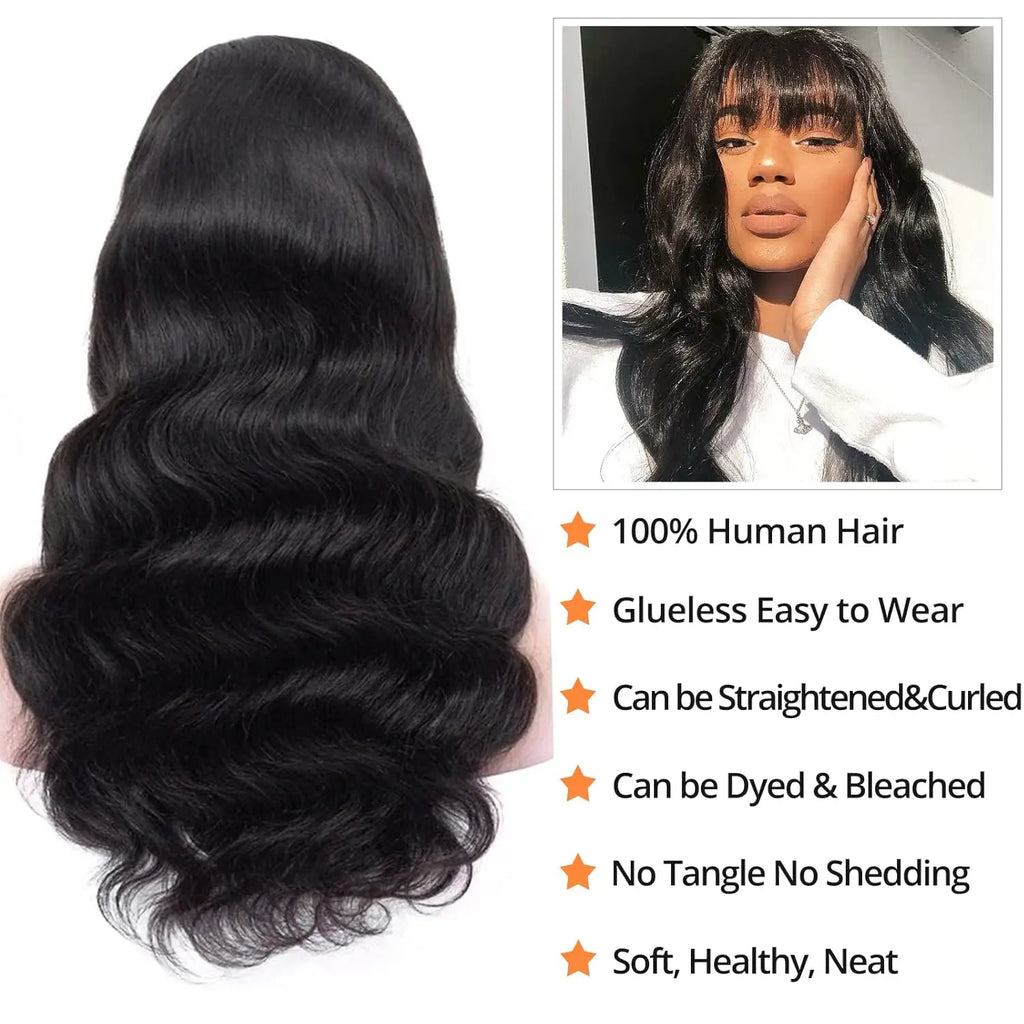 HAIRTIME 30 Inche Body Wave With Bangs Human Hair Wigs Full Machine Made Human Hair Wigs For Women Natural Color 180% Density