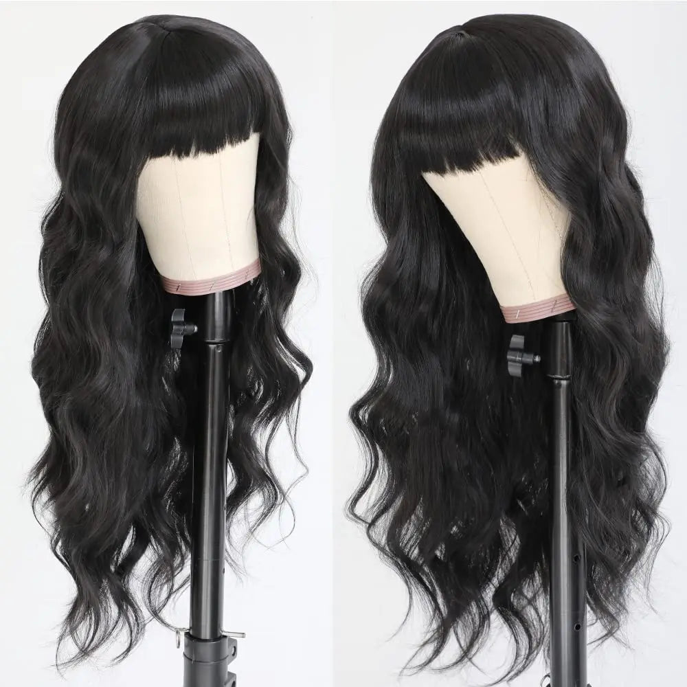 HAIRTIME 30 Inche Body Wave With Bangs Human Hair Wigs Full Machine Made Human Hair Wigs For Women Natural Color 180% Density