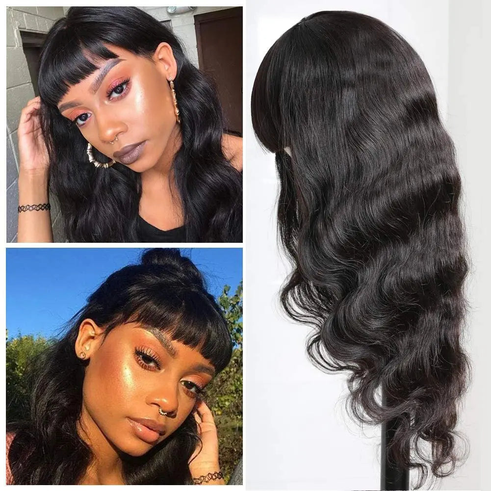 HAIRTIME 30 Inche Body Wave With Bangs Human Hair Wigs Full Machine Made Human Hair Wigs For Women Natural Color 180% Density