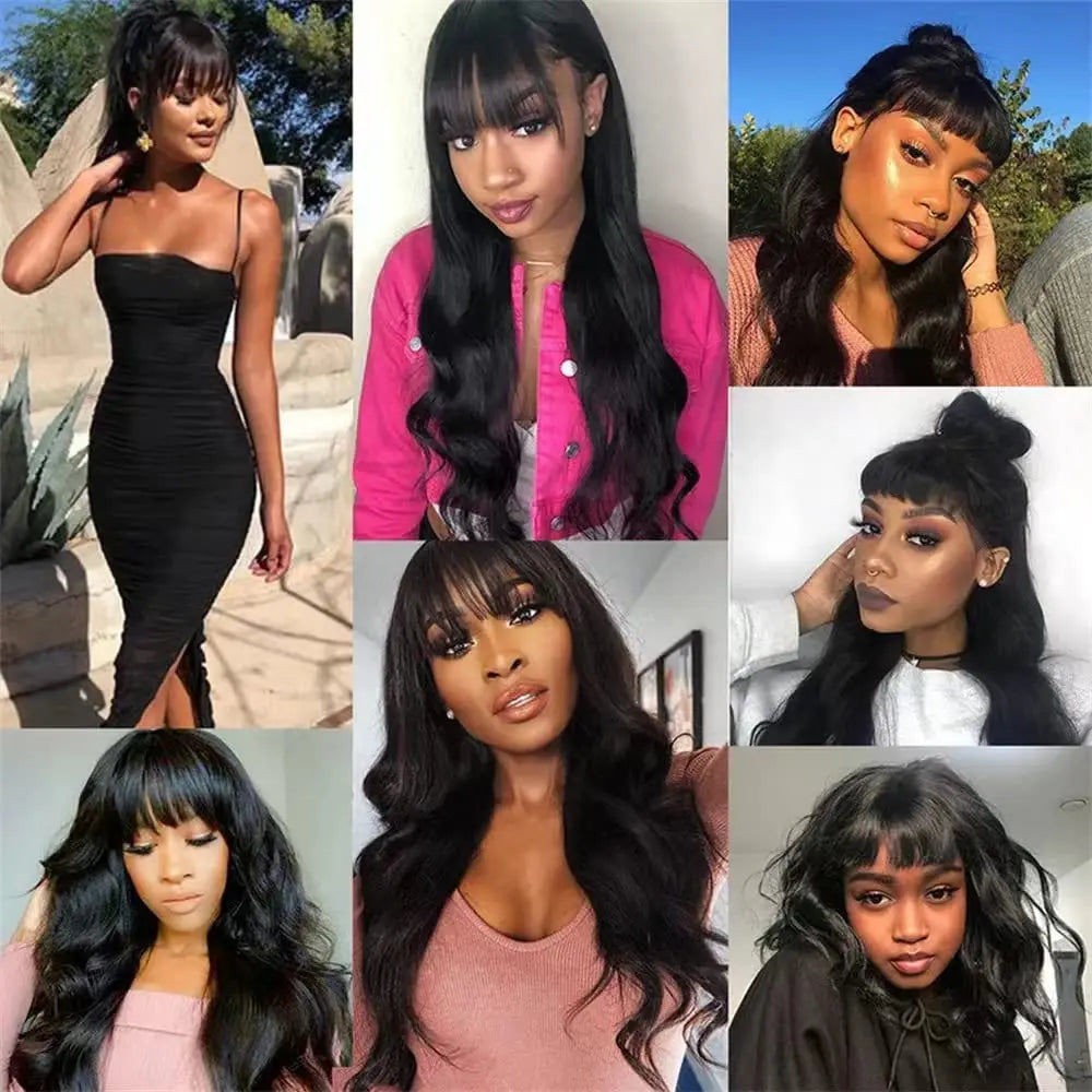HAIRTIME 30 Inche Body Wave With Bangs Human Hair Wigs Full Machine Made Human Hair Wigs For Women Natural Color 180% Density