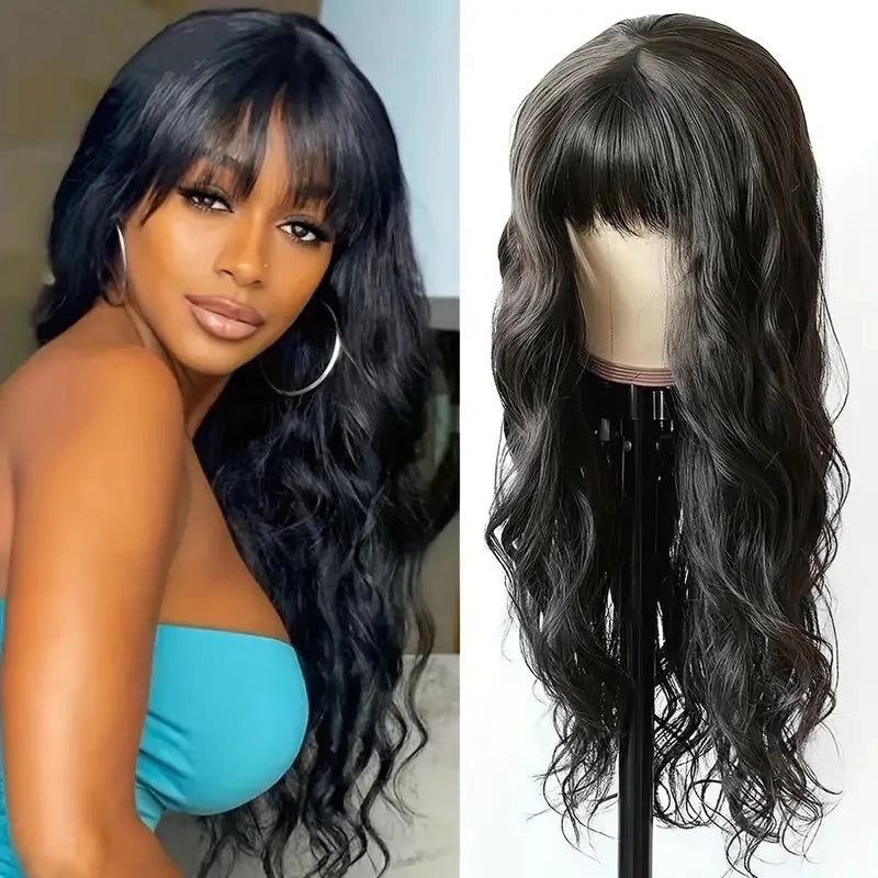 HAIRTIME 30 Inche Body Wave With Bangs Human Hair Wigs Full Machine Made Human Hair Wigs For Women Natural Color 180% Density