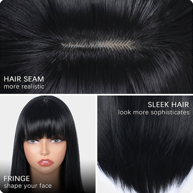 Stylish Synthetic Wig With Straight Hair, Non-toxic Wig, 26-inch Heat-resistant Long Black Hair, Bangs And Rose Net Hat, Suitable For The Whole Scene.