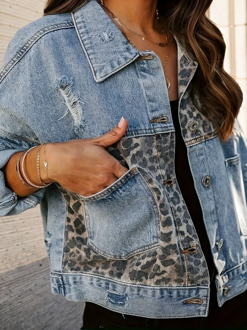 2025 Wear And Tear Denim Jacket, Women's Leopard Patch Short Jacket, Fashionable Street Outdoor Style, Women's Leopard Print Denim Jacket, Cool And Casual