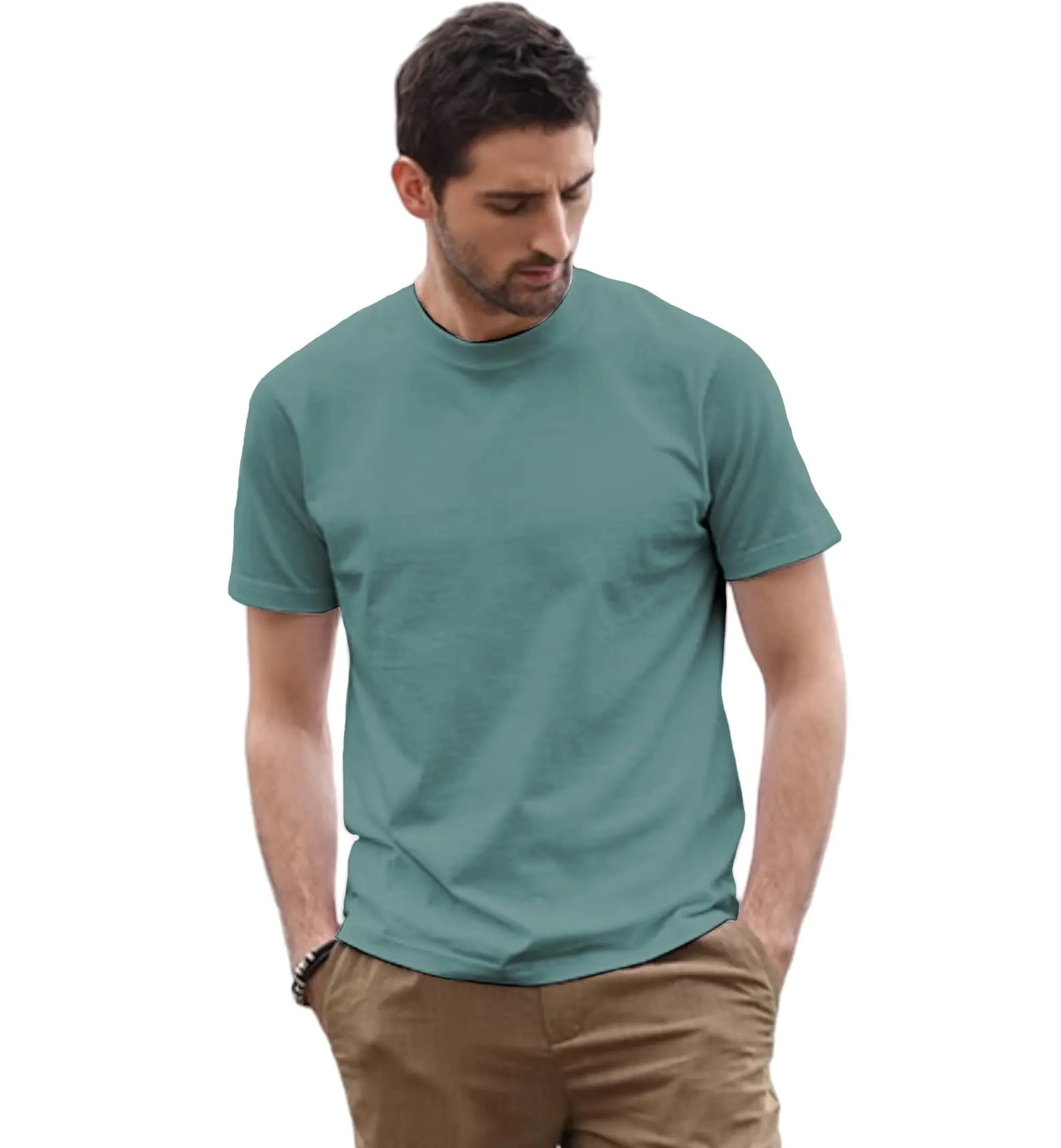 100% Cotton Mens Dark Green Short Sleeve Crew Neck T-Shirt Regular Fit Casual T Shirt Tops Basic Tees Tshirt