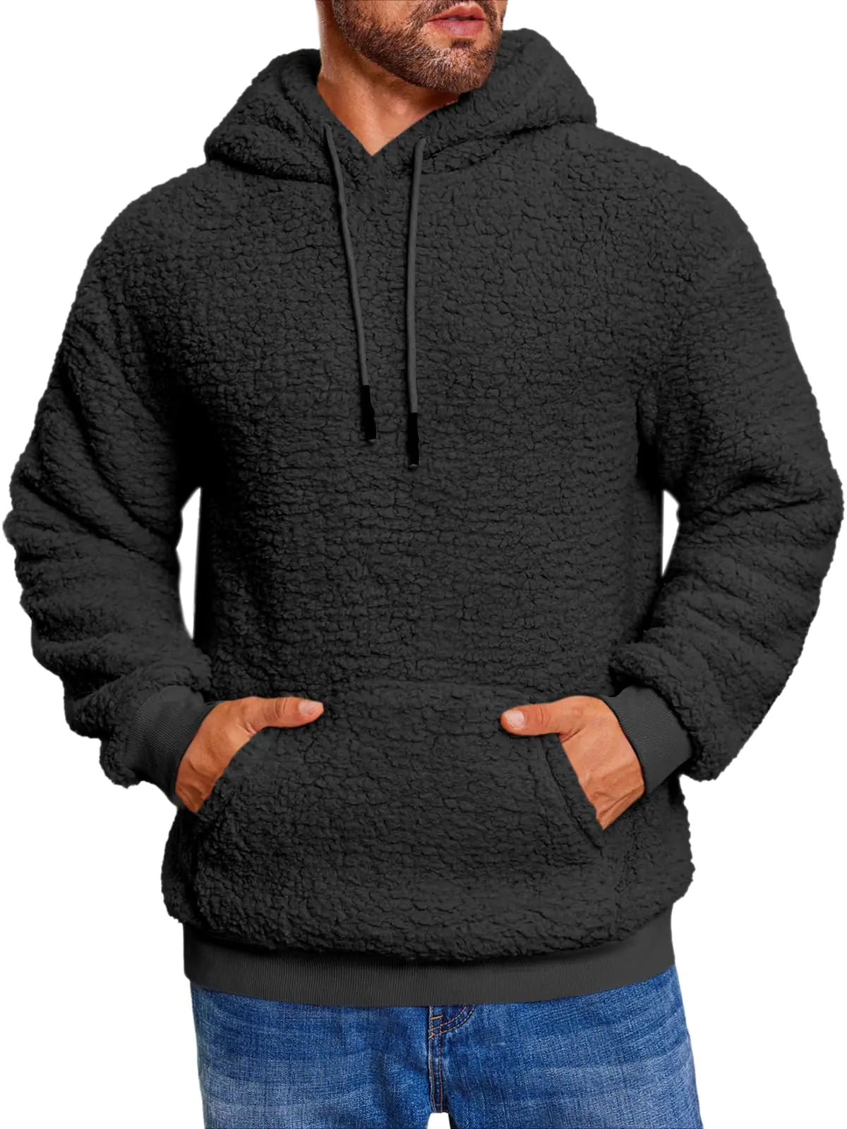 Runcati Mens Fuzzy Sherpa Hoodies Fleece Casual Pullover Long Sleeve Winter Fluffy Sweatshirts Black